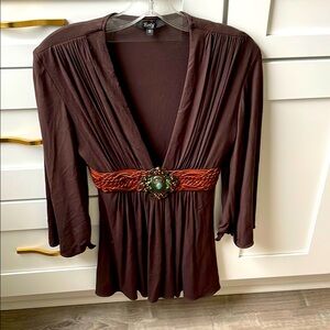 Sky Brown V-Neck Top with Decorative Belt